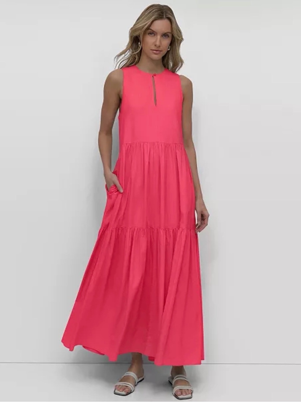 NEW! DKNY Keyhole Crewneck Tiered Maxi Dress Size XS in Coral Crush